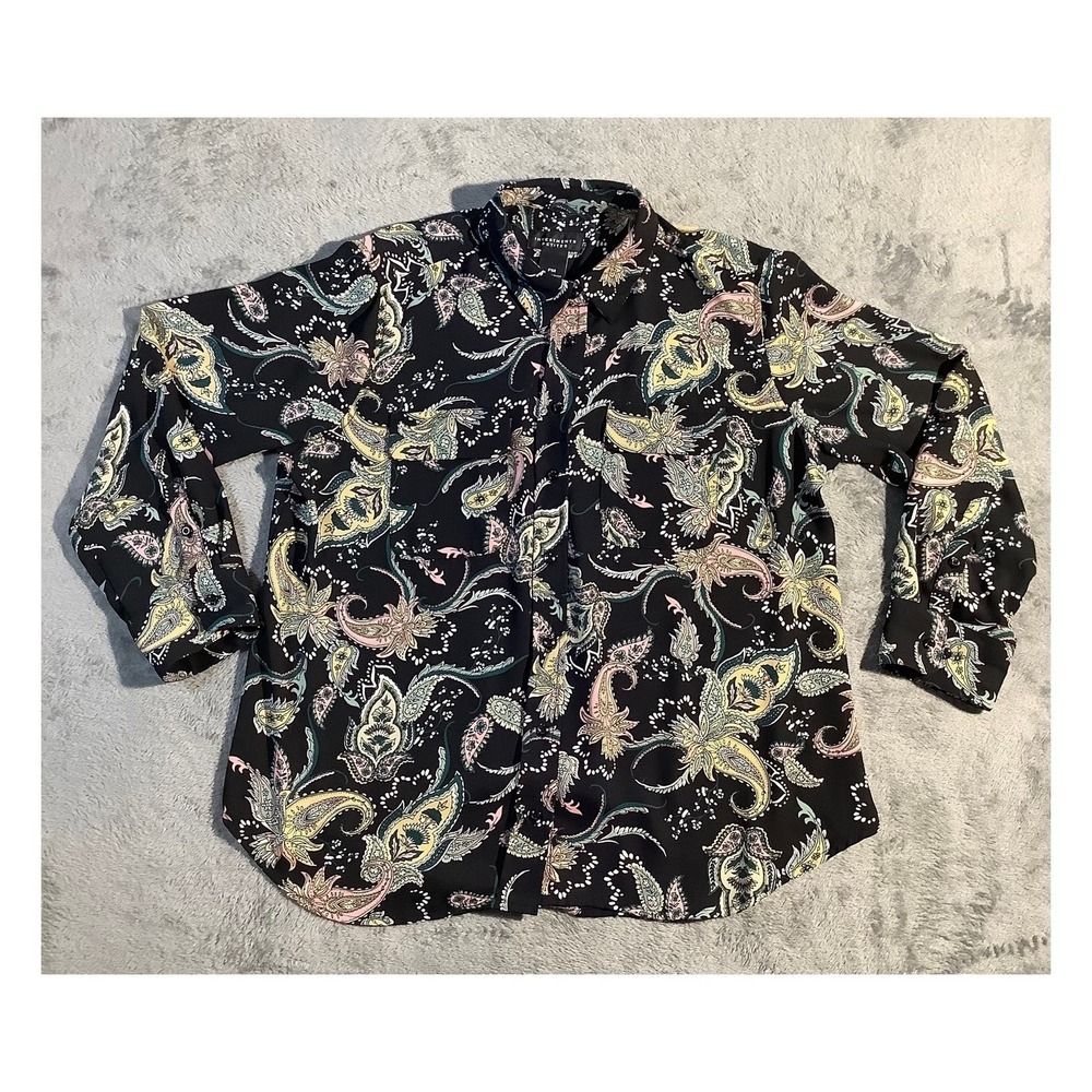 Investments Petites Blouse PM Black Paisley Button Down Long Sleeve Top